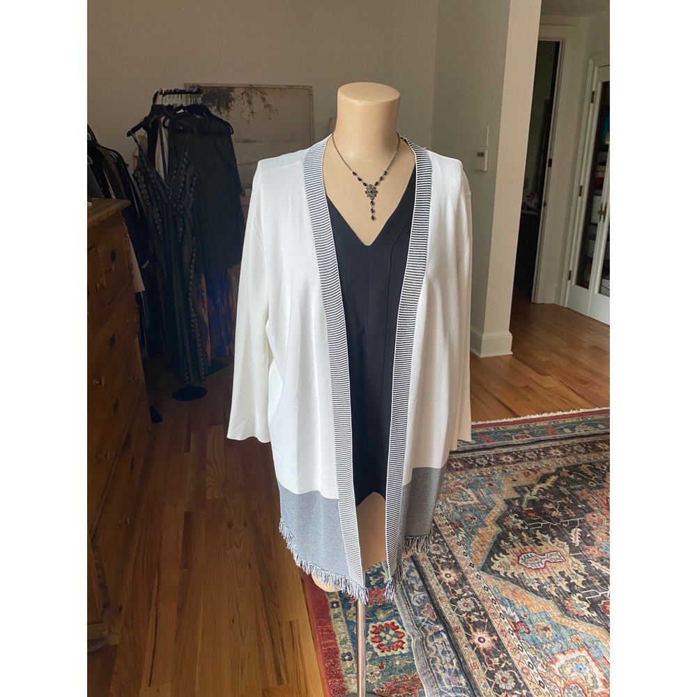 Chicos White Grey Colorblock Fringe Open Front Cardigan Sweater Size 2 L Striped